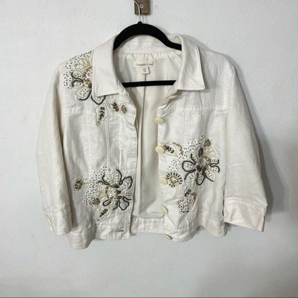 Coldwater creek jacket womens ivory embroidered floral jacket size 10 - Picture 2 of 11